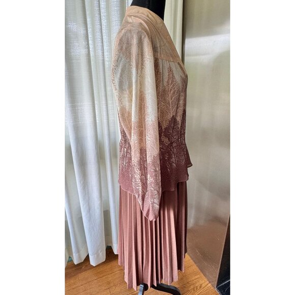 Vintage 80s dress, taupe, dusty mauve, beige nature pattern, pleated skirt - Picture 7 of 8